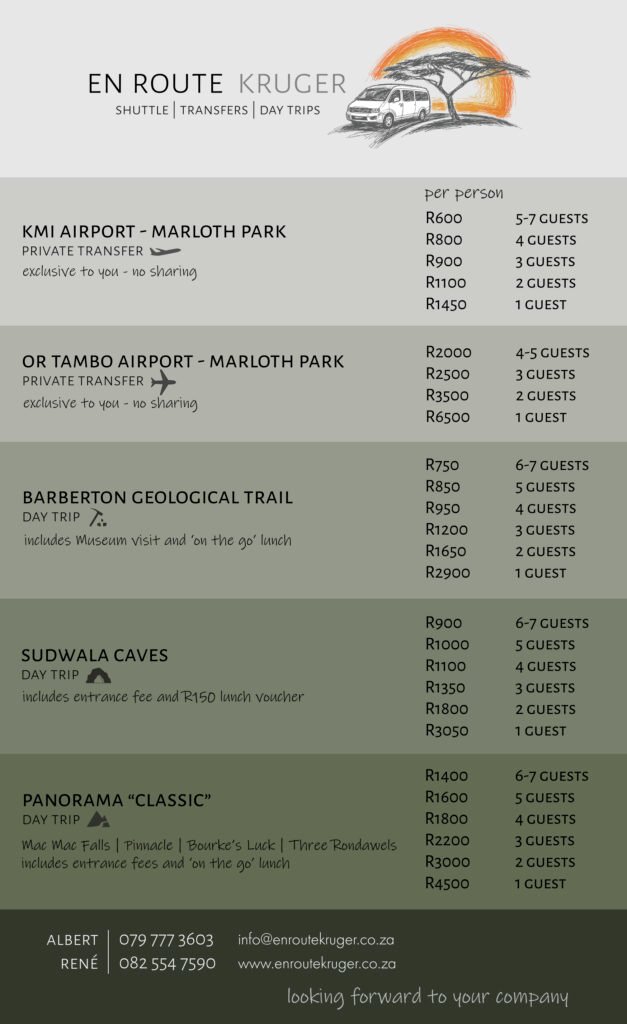 En Route Kruger services and price list