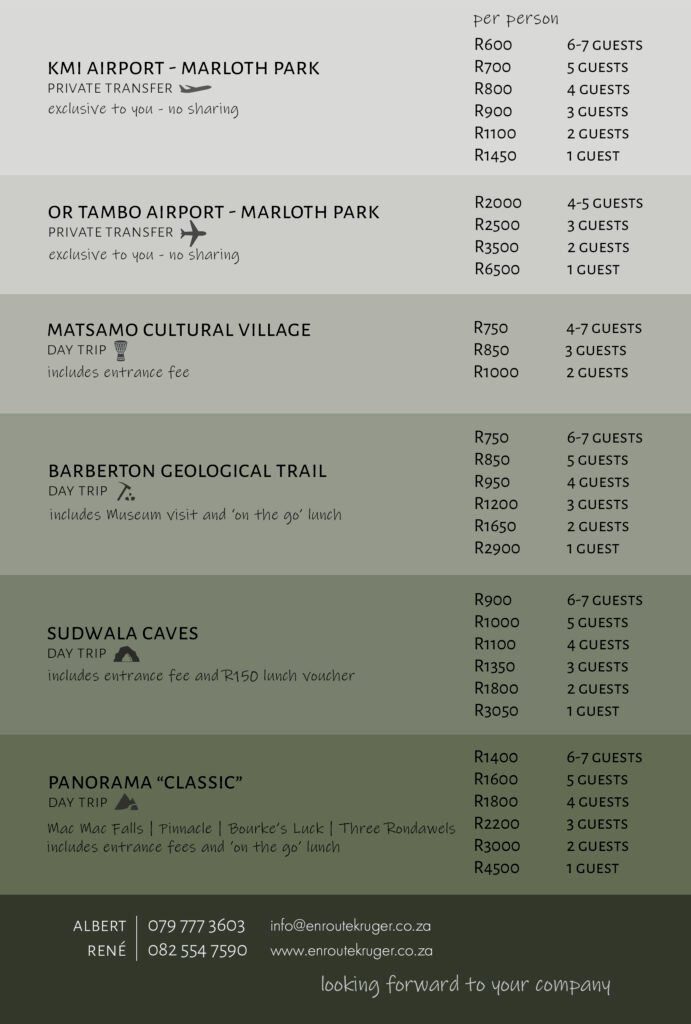 En Route Kruger services and price list