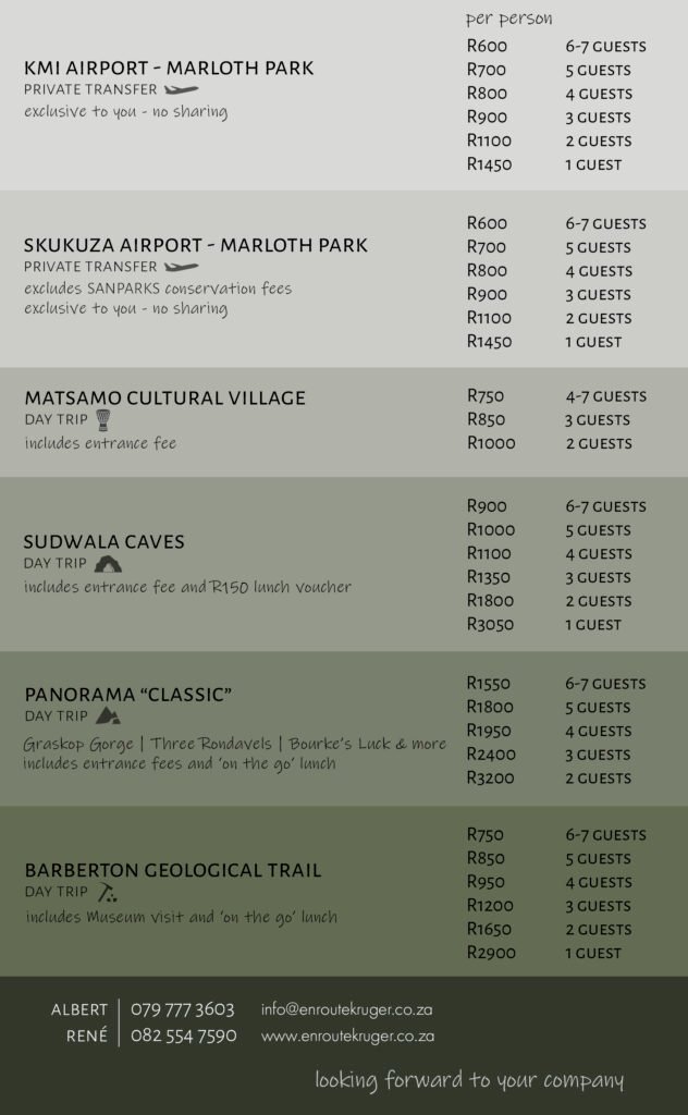 En Route Kruger Services Price List